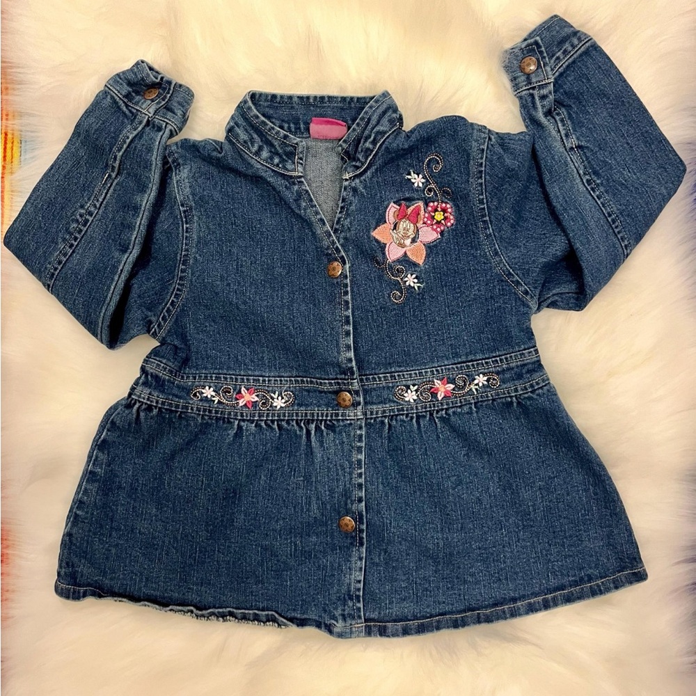 Disney Girls Blue Denim Shirt with Pink Floral Embroidery